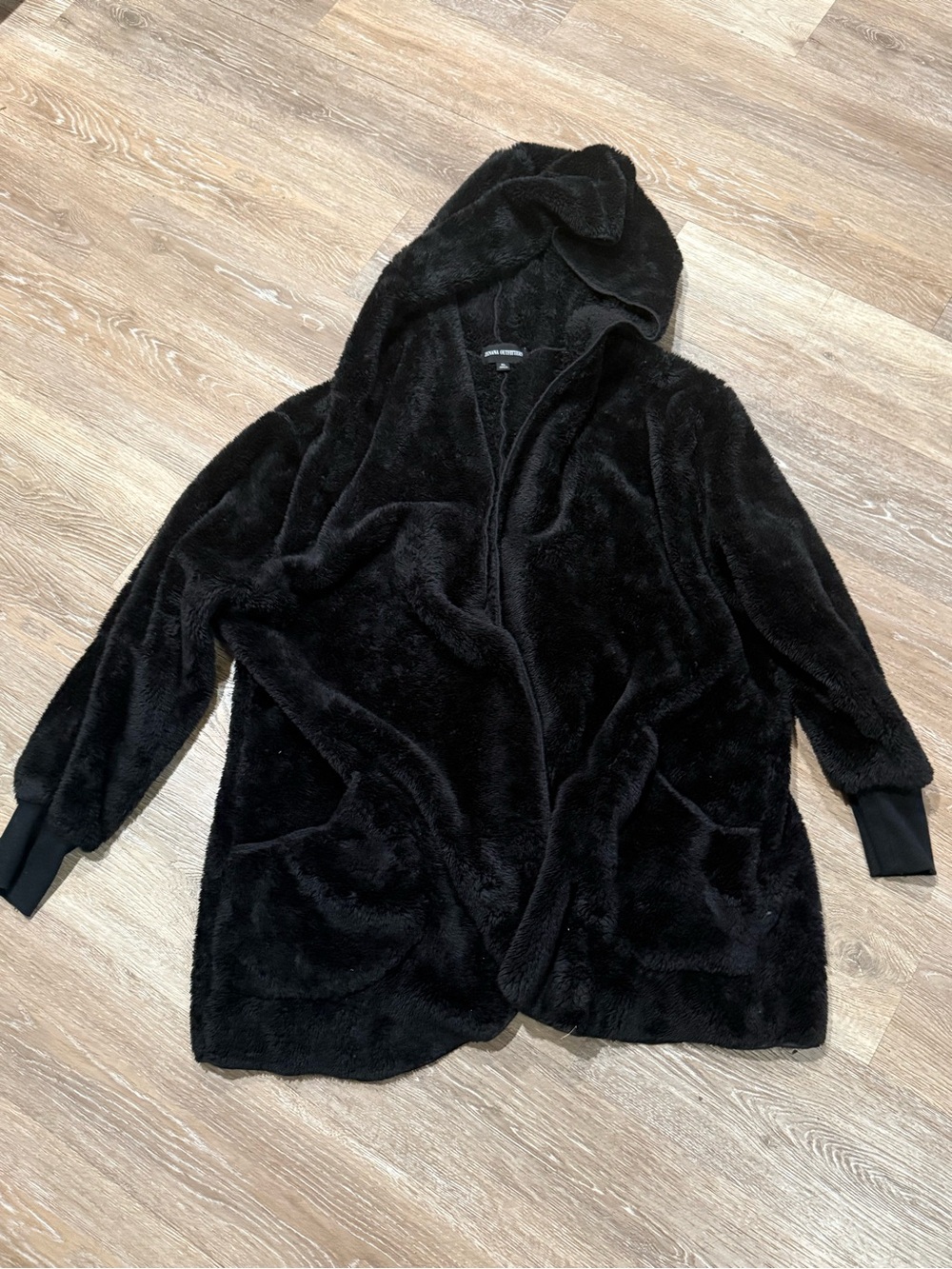 Plush Fleece Hooded Open Front Black Fuzzy Coat Pockets Women's XL